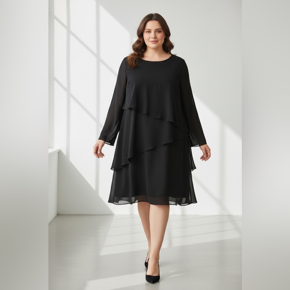 Black Tiered Layered Midi Dress with Sheer Long Sleeves Jones Wear Size 16